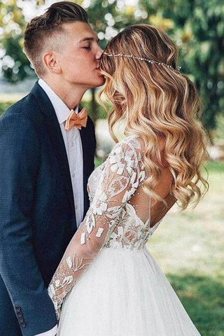 Through Beaded Floral Lace Long Sleeve Boho Wedding Dresses