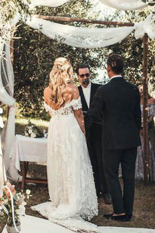 Rustic Lace Off the Shoulder Ivory Beach Wedding Dresses,