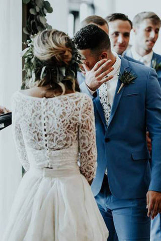 Günstiges 3/4 Ärmel Spitze Elfenbein Chiffon Rustikal Zweiteiliges Hochzeitskleid