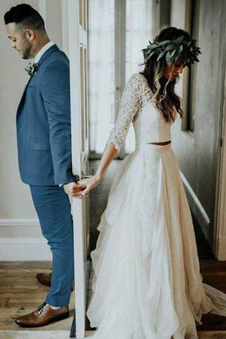 Günstiges 3/4 Ärmel Spitze Elfenbein Chiffon Rustikal Zweiteiliges Hochzeitskleid