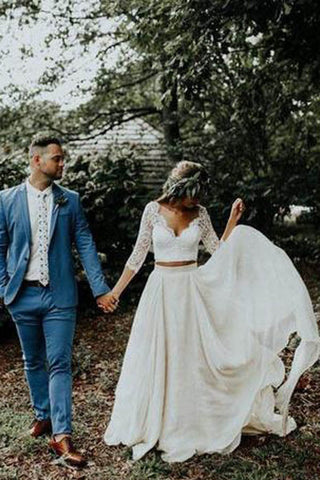 Günstiges 3/4 Ärmel Spitze Elfenbein Chiffon Rustikal Zweiteiliges Hochzeitskleid