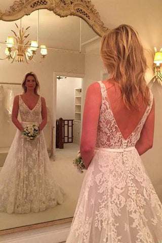 Simple Wedding Dresses Backless V Neck Lace Bridal Dress