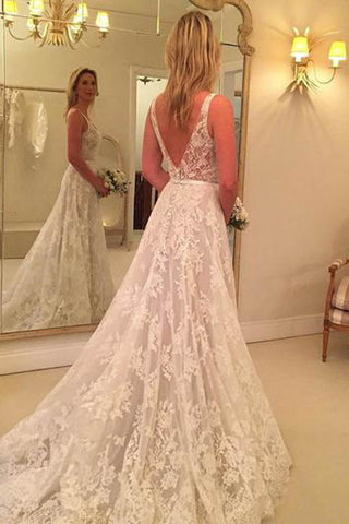 Simple Wedding Dresses Backless V Neck Lace Bridal Dress