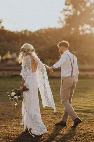 Sheath Boho Batwing Sleeve Lace Rustic Ivory Wedding Dresses