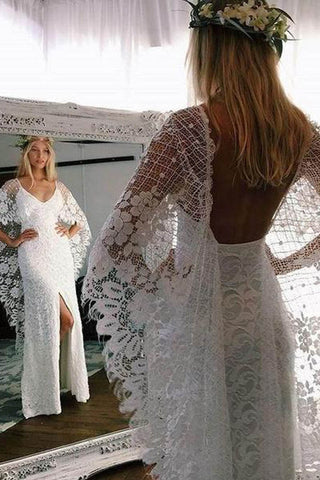 Sheath Boho Batwing Sleeve Lace Rustic Ivory Wedding Dresses