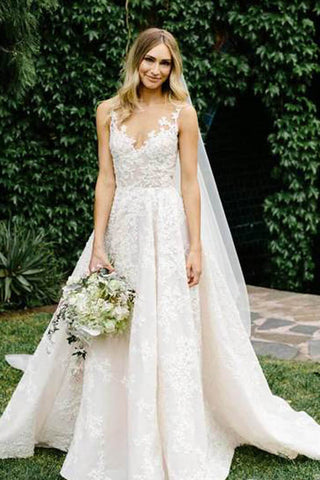 See Through Vintage Lace Illusion Neck Wedding Gowns