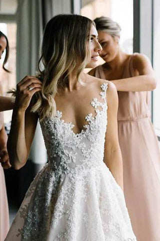 See Through Vintage Lace Illusion Neck Wedding Gowns