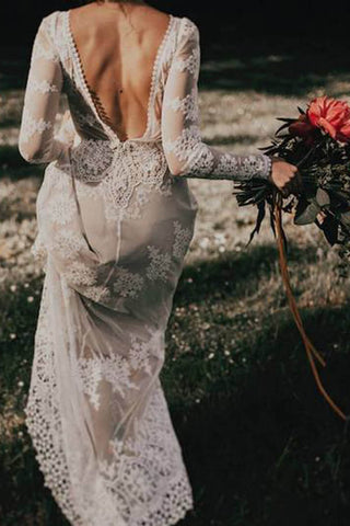 Rückenfreies, langes Ärmeliges, elfenbeinfarbenes Country-Brautkleid mit Spitzenapplikationen