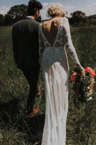 Rückenfreies, langes Ärmeliges, elfenbeinfarbenes Country-Brautkleid mit Spitzenapplikationen