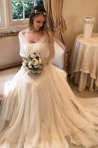 Schlichtes, elegantes Chiffon-Strandhochzeitskleid mit Wickelärmeln