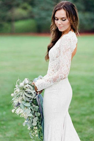 Mermaid Ivory Backless Long Sleeve Lace Wedding Dresses