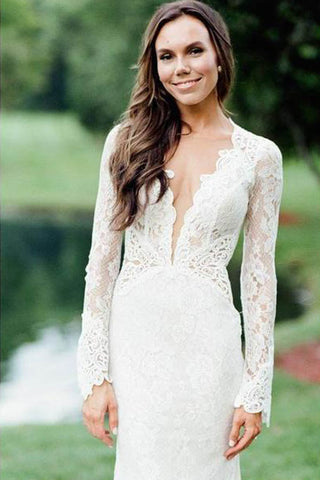 Mermaid Ivory Backless Long Sleeve Lace Wedding Dresses
