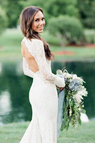 Mermaid Ivory Backless Long Sleeve Lace Wedding Dresses