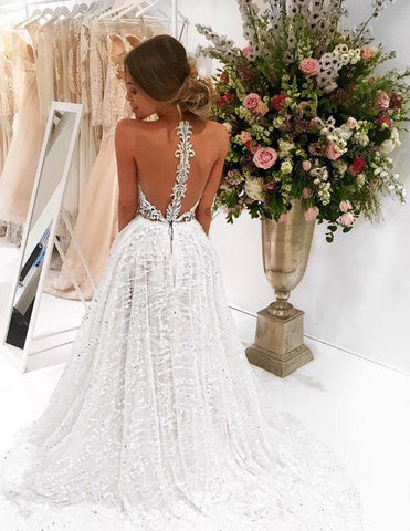 Chic Sparkly Bateau A-line Sexy Long Lace Wedding Dress Sweep Train