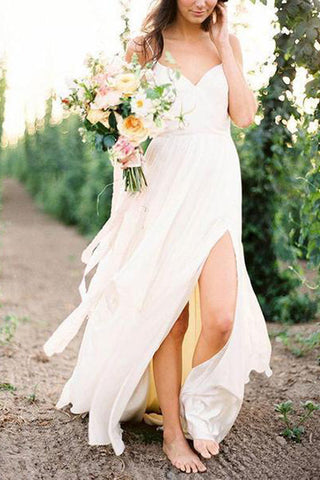 Simple Spaghetti Strap Summer Cheap Wedding Dresses with Slit