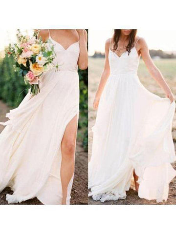 Simple Spaghetti Strap Summer Cheap Wedding Dresses with Slit