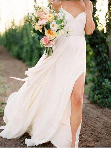 Simple Spaghetti Strap Summer Cheap Wedding Dresses with Slit