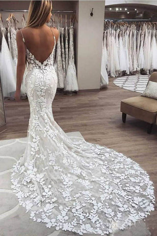 Spaghetti Strap Vintage Mermaid Lace Appliques Wedding Dress,