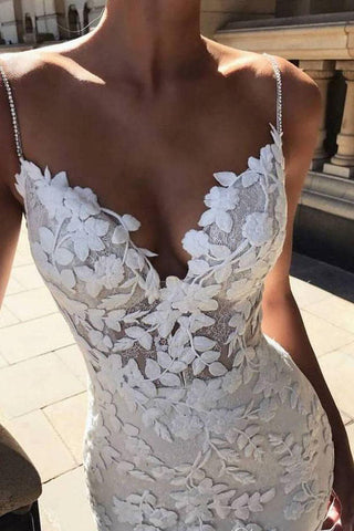 Spaghetti Strap Vintage Mermaid Lace Appliques Wedding Dress,