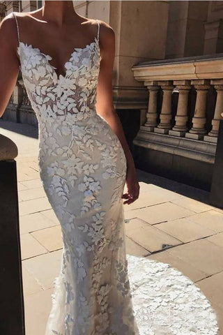 Spaghetti Strap Vintage Mermaid Lace Appliques Wedding Dress,
