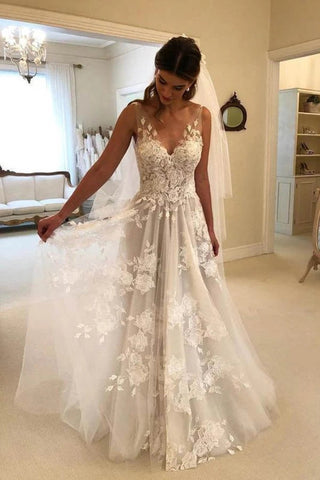 Gorgeous A-line Lace V-neck Tulle Long Wedding Dress with Appliques