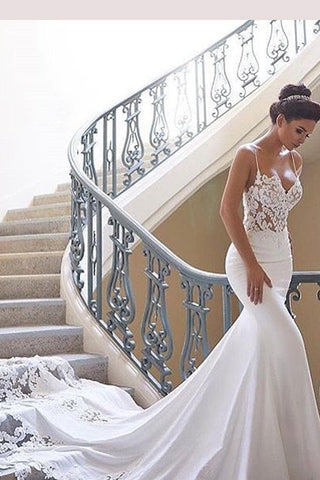 Glamorous Spaghetti-Straps Lace Wedding Dress Mermaid Bridal Gowns,