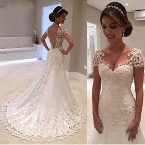 Gorgeous Long Mermaid Lace Cap Sleeves Wedding Dress, Wedding Gown