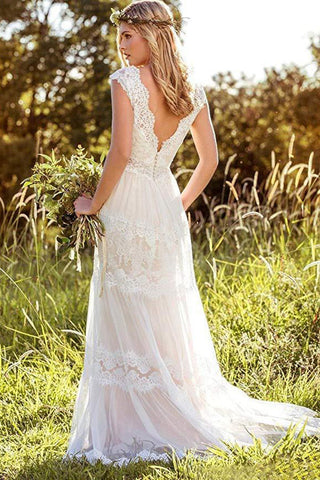 Simple A-Line V-Neck Bohemian Lace Bridal Gown Beach Wedding Dresses