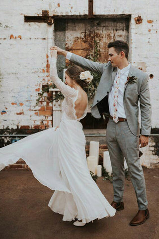 Romantic Boho Long Sleeve Beach Lace Backless Wedding Dress