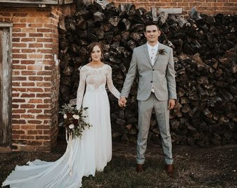 Romantic Boho Long Sleeve Beach Lace Backless Wedding Dress