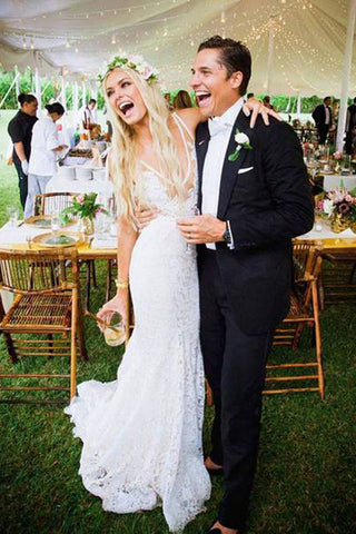 Simple Ivory Lace Country Wedding Dresses V-Neck Mermaid Wedding Dress