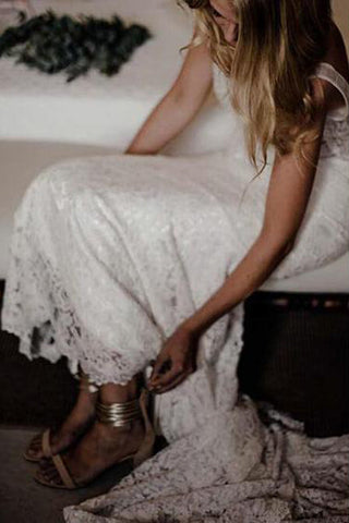 Simple Ivory Lace Country Wedding Dresses V-Neck Mermaid Wedding Dress