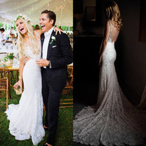 Simple Ivory Lace Country Wedding Dresses V-Neck Mermaid Wedding Dress