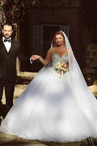 Vintage Long Sleeve Beadings Ball Gown Tulle Wedding Dress