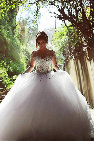 Vintage Long Sleeve Beadings Ball Gown Tulle Wedding Dress