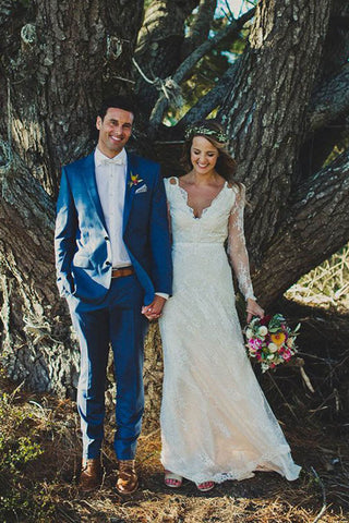 Long Sleeve Lace V-Neck Ivory Vintage Beach Wedding Dresses