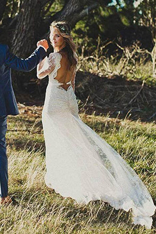 Long Sleeve Lace V-Neck Ivory Vintage Beach Wedding Dresses