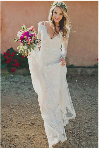 Long Sleeve Lace V-Neck Ivory Vintage Beach Wedding Dresses