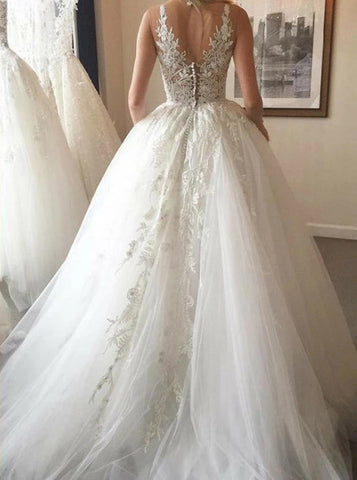 Cheap Ball Gown V-Neck Ivory Open Back Wedding Dress with Appliques