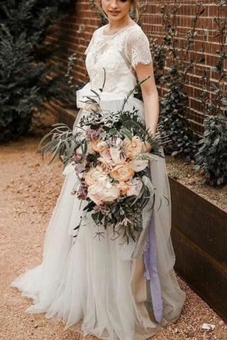 Short Sleeve Lace and Tulle Silver Country Wedding Dresses with Sash