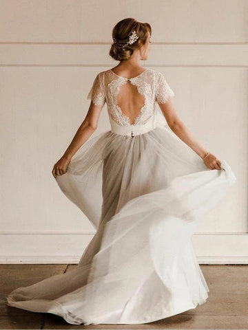 Short Sleeve Lace and Tulle Silver Country Wedding Dresses with Sash