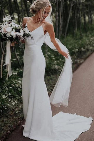 Simple Spaghetti Straps Mermaid V-Neck Satin Boho Beach Wedding Dresses