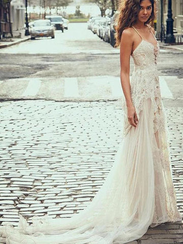 Robe de mariée de plage en tulle à bretelles spaghetti bon marché, robes de mariée avec appliques en dentelle