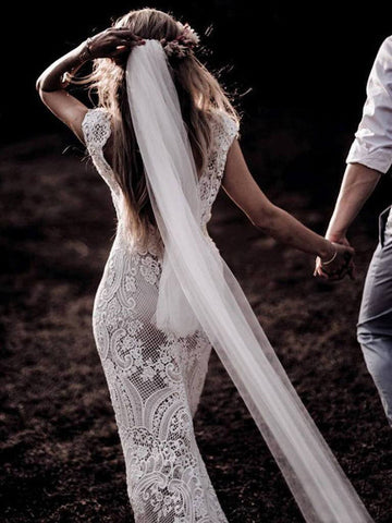 Cap Sleeve Sheath Boho Wedding Dresses Vintage Lace Rustic Wedding Dress