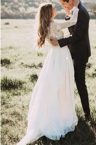 Rustic Long Sleeve Weding Dresses Lace Appliqued Ivory Beach Wedding Dress