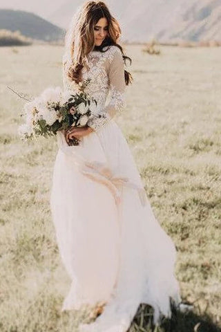 Rustic Long Sleeve Weding Dresses Lace Appliqued Ivory Beach Wedding Dress
