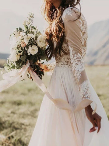 Rustic Long Sleeve Weding Dresses Lace Appliqued Ivory Beach Wedding Dress