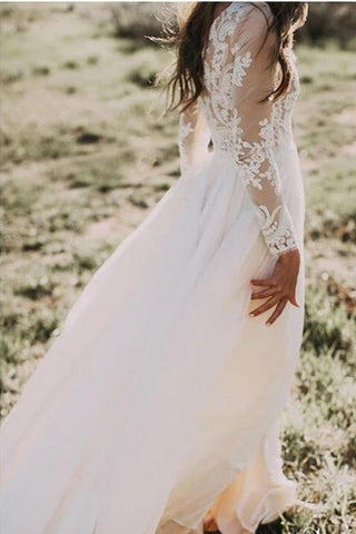 Rustic Long Sleeve Weding Dresses Lace Appliqued Ivory Beach Wedding Dress