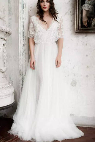 Short Sleeve Boho Wedding Dresses Ivory Lace Chiffon Rustic Wedding Gown