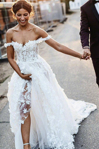 Off the Shoulder Lace Beach Wedding Dresses Rustic Boho Wedding Dress